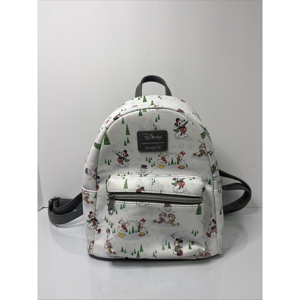 Disney Loungefly Mini Backpack Holiday Winter Print Mickey Minnie Chip Dale
